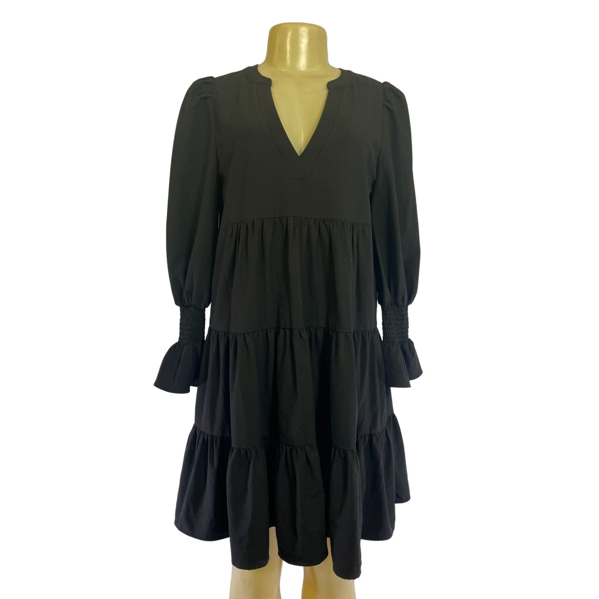Black Tiered Long Sleeve Dress With Smocked Cuff Details By Pomander Place New