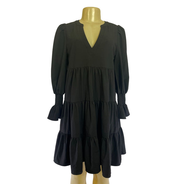 Black Tiered Long Sleeve Dress With Smocked Cuff Details By Pomander Place New