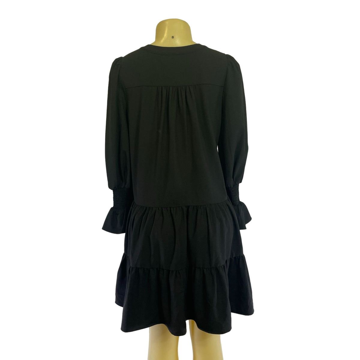 Black Tiered Long Sleeve Dress With Smocked Cuff Details By Pomander Place New