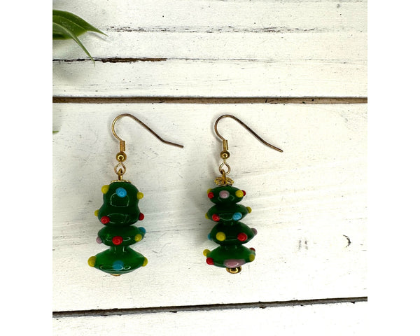 Green Christmas Tree Dangle Drop Earrings