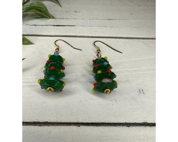 Green Christmas Tree Dangle Drop Earrings