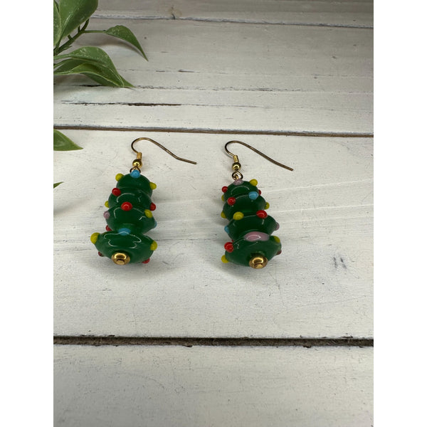 Green Christmas Tree Dangle Drop Earrings