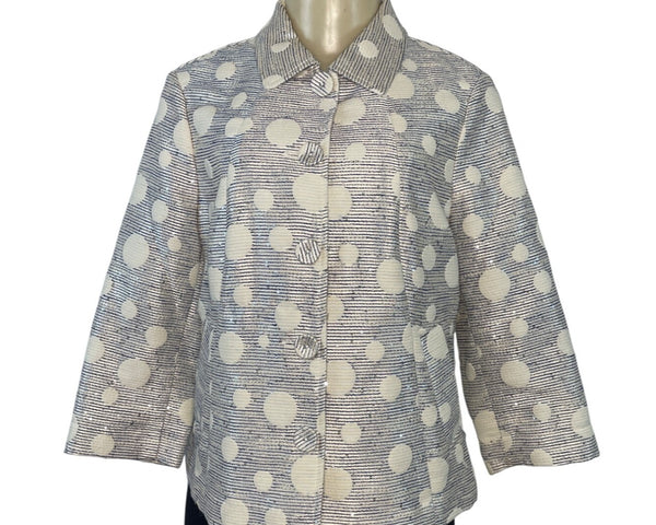 Chicos Polka Dot Textured Button-Up Jacket Size 1 Blue & White Blend