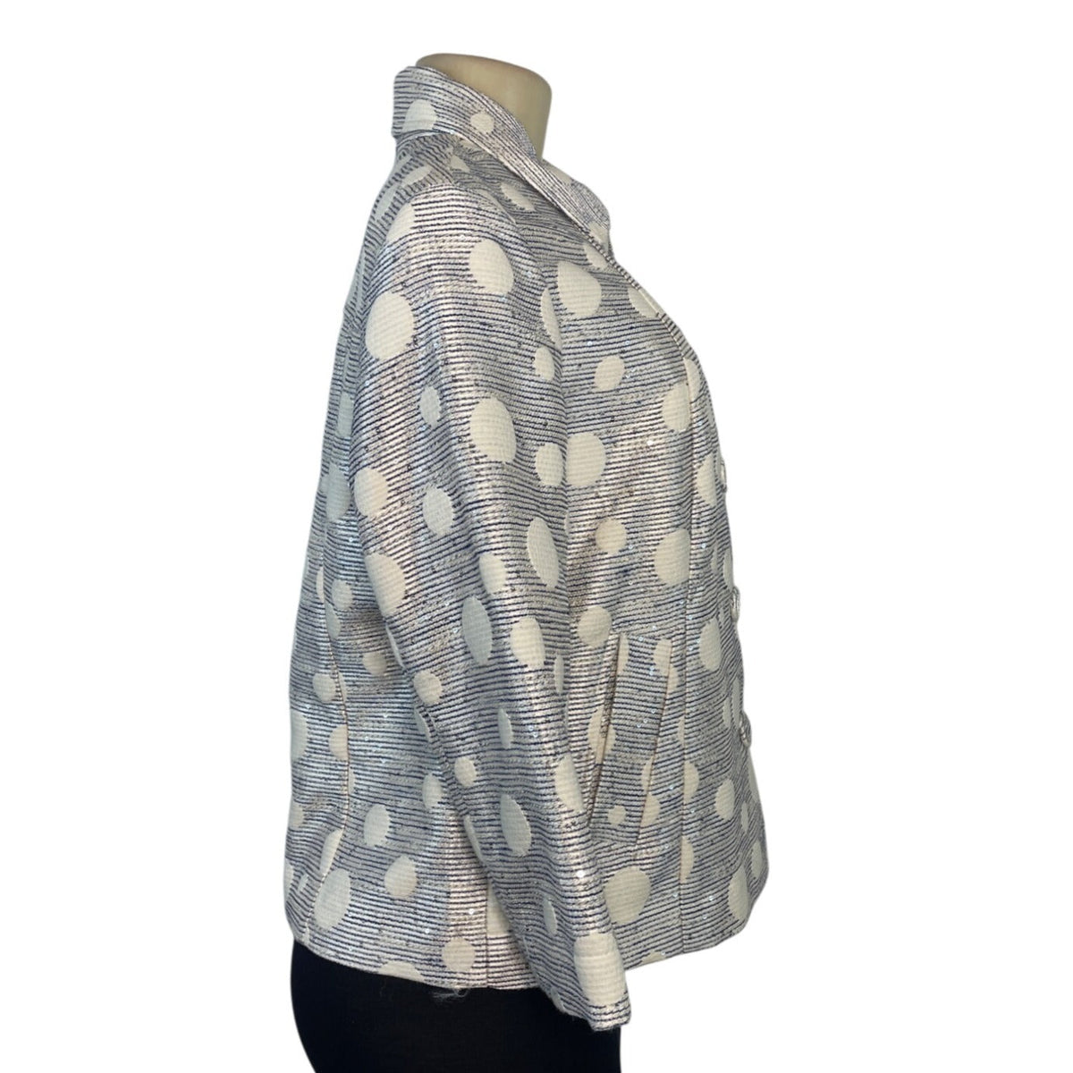Chicos Polka Dot Textured Button-Up Jacket Size 1 Blue & White Blend