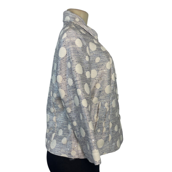 Chicos Polka Dot Textured Button-Up Jacket Size 1 Blue & White Blend