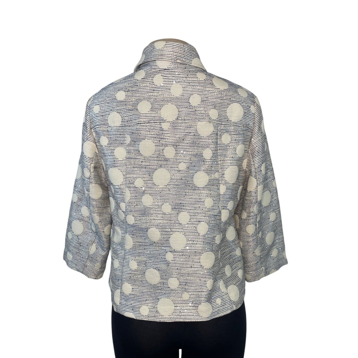 Chicos Polka Dot Textured Button-Up Jacket Size 1 Blue & White Blend