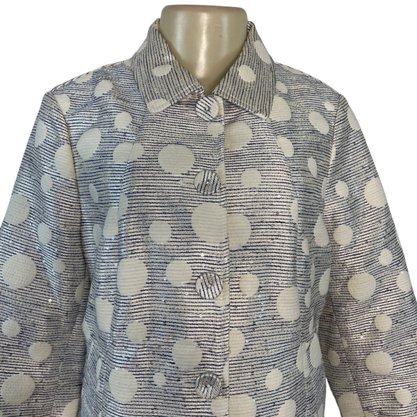 Chicos Polka Dot Textured Button-Up Jacket Size 1 Blue & White Blend