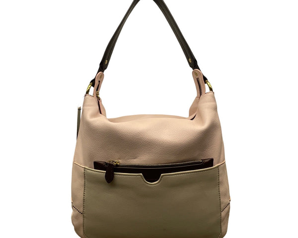 Or Yany Pink Leather & Black Strap Exterior Pocket Zip Closure Hobo Shoulder Bag