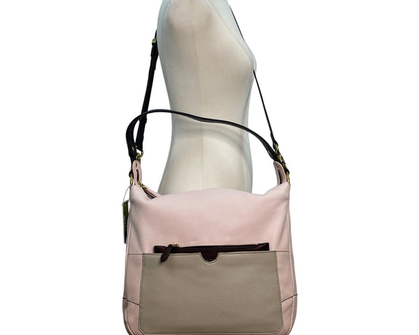 Or Yany Pink Leather & Black Strap Exterior Pocket Zip Closure Hobo Shoulder Bag