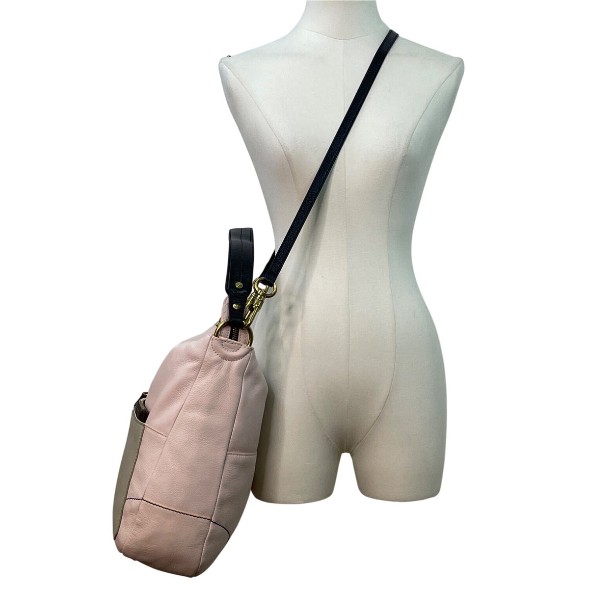 Or Yany Pink Leather & Black Strap Exterior Pocket Zip Closure Hobo Shoulder Bag