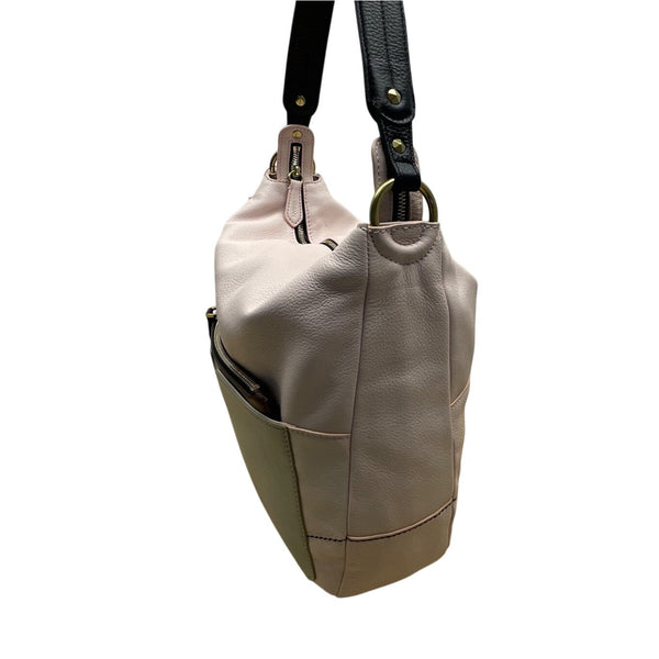 Or Yany Pink Leather & Black Strap Exterior Pocket Zip Closure Hobo Shoulder Bag