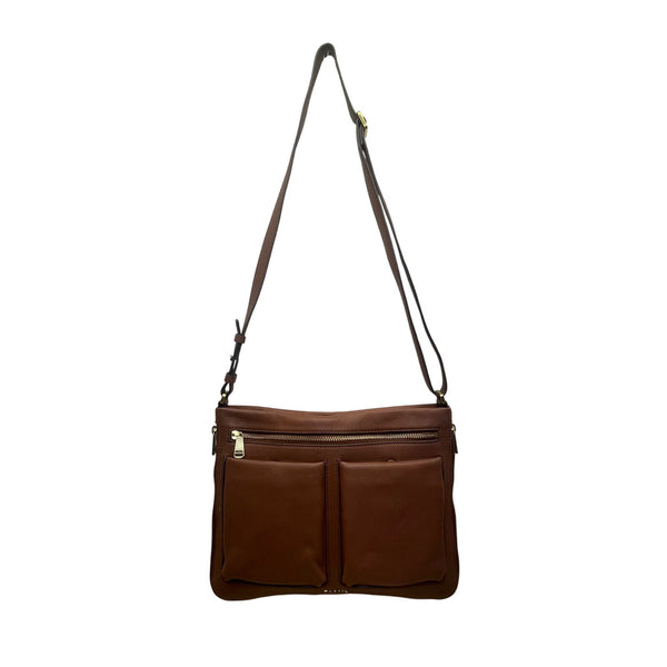 Fossil Women’s Brown Leather Adjustable Strap Multiple Pockets Crossbody Bag