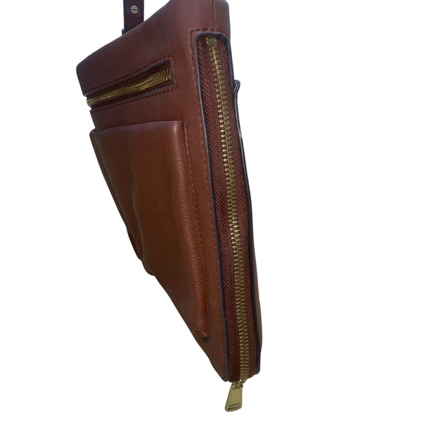 Fossil Women’s Brown Leather Adjustable Strap Multiple Pockets Crossbody Bag