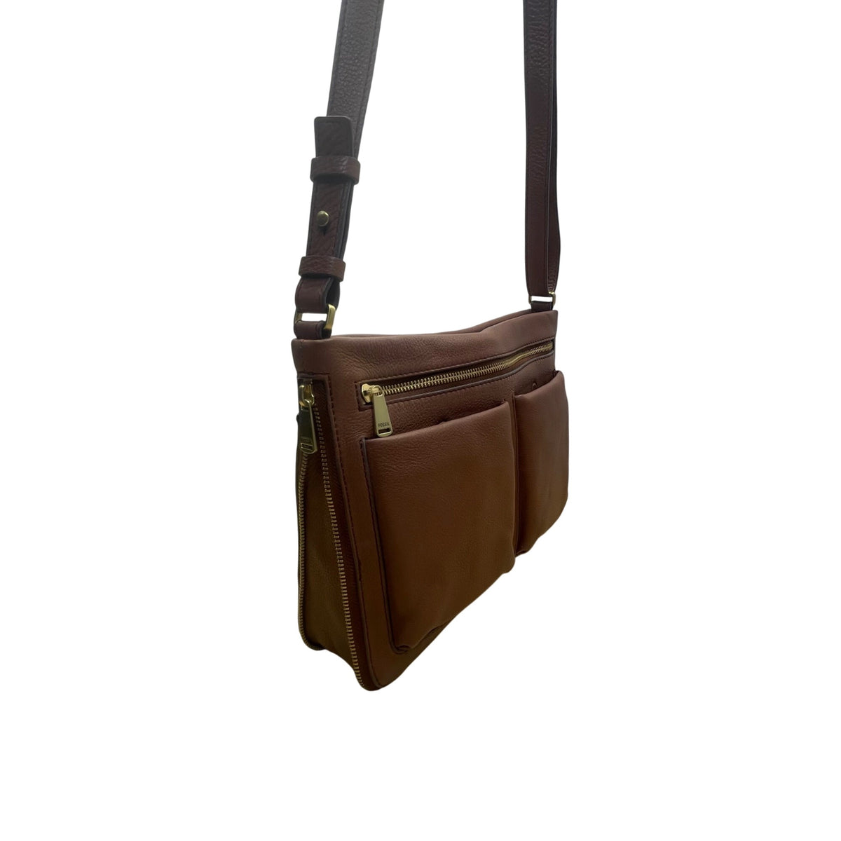 Fossil Women’s Brown Leather Adjustable Strap Multiple Pockets Crossbody Bag