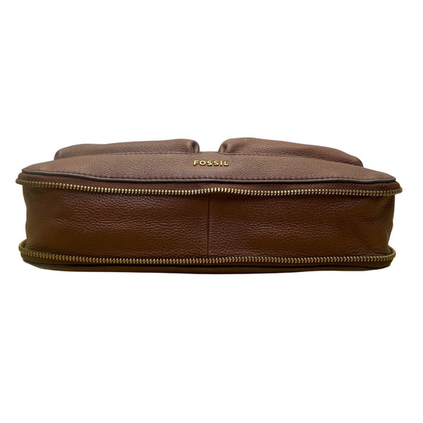 Fossil Women’s Brown Leather Adjustable Strap Multiple Pockets Crossbody Bag