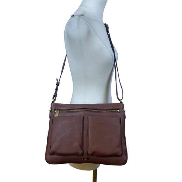 Fossil Women’s Brown Leather Adjustable Strap Multiple Pockets Crossbody Bag