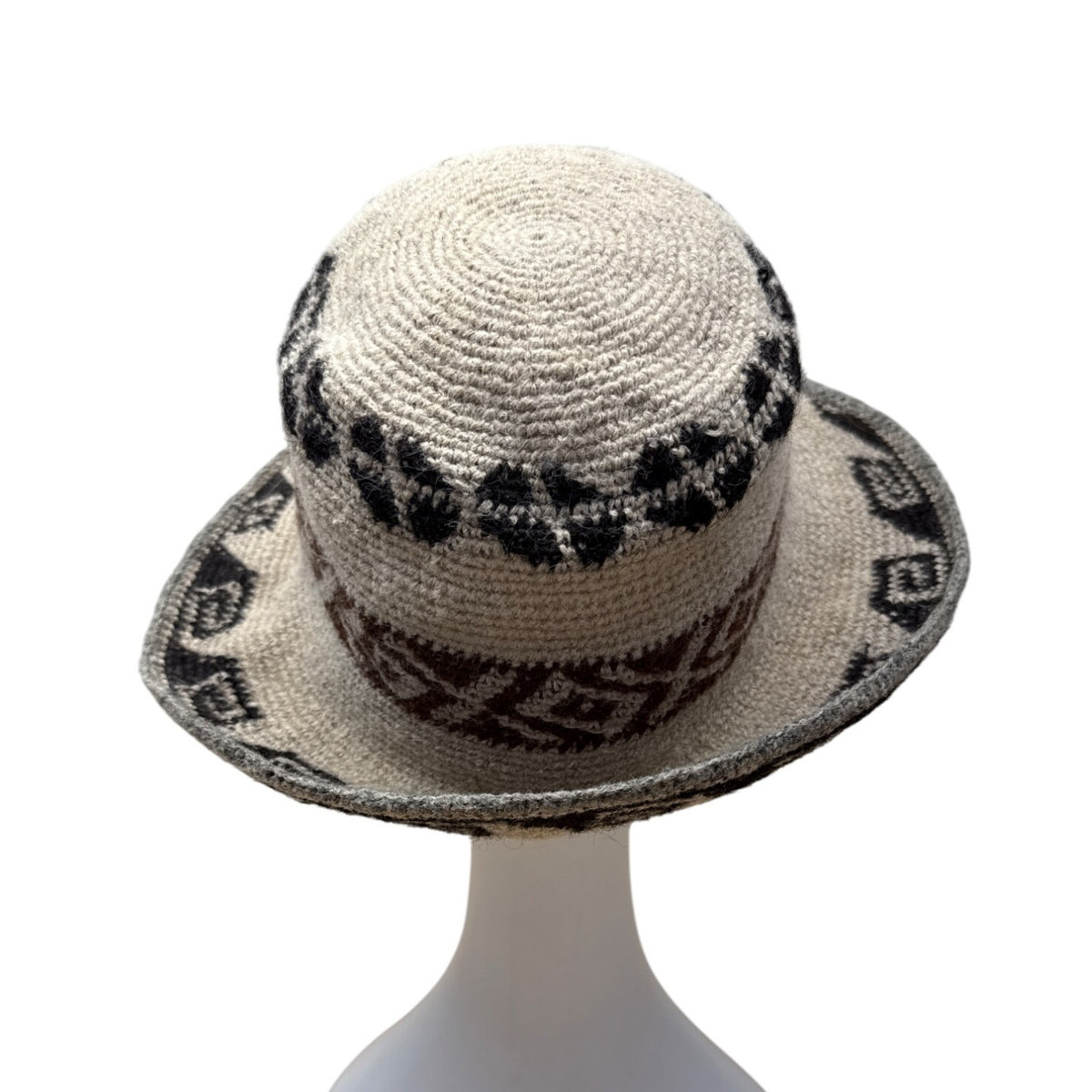 Handwoven Wool Tribal Patterned Beige & Brown Bucket Hat
