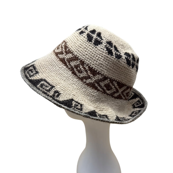 Handwoven Wool Tribal Patterned Beige & Brown Bucket Hat