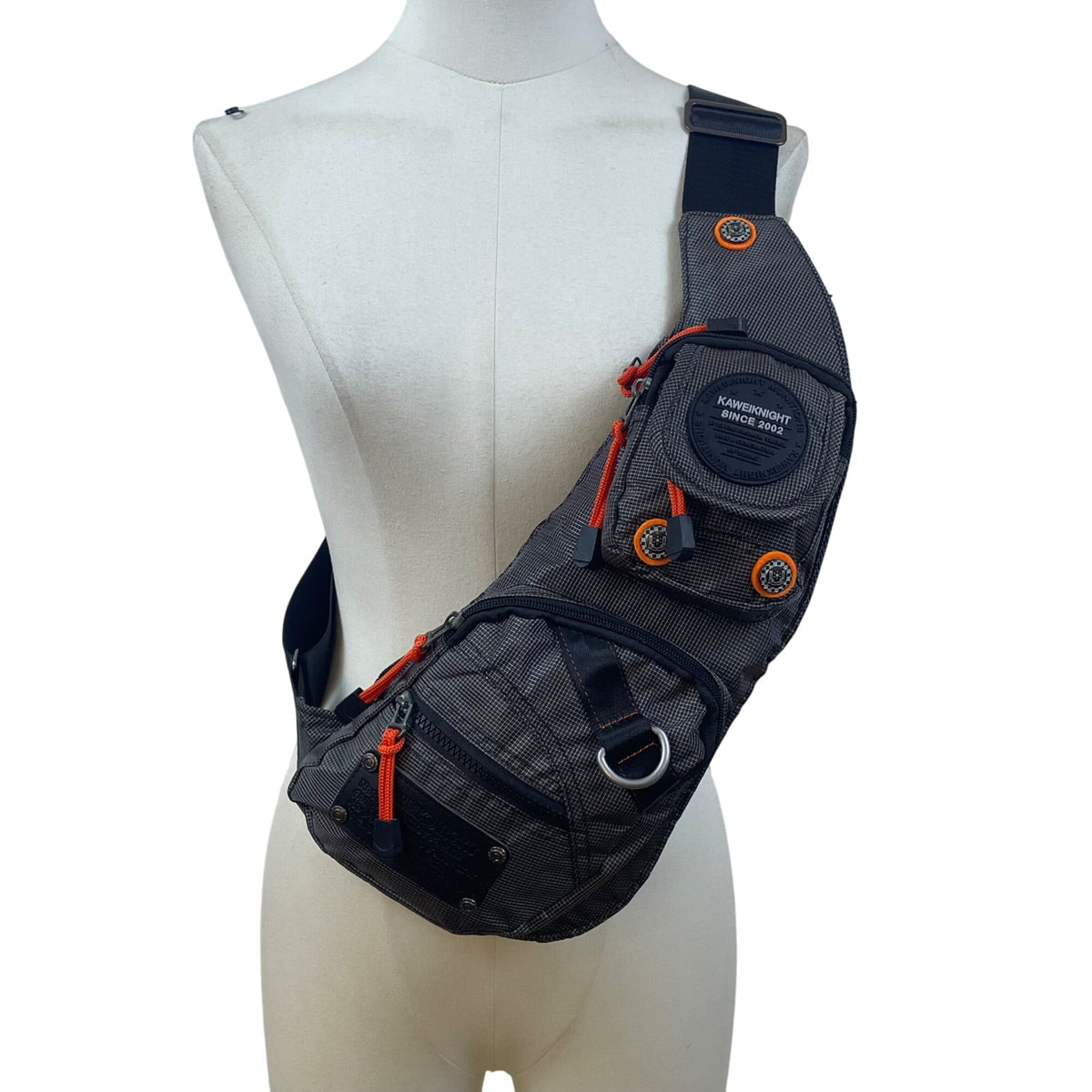 Kaweiknight Grey/Orange Nylon Adjustable Strap Multi-Zip Crossbody Backpack