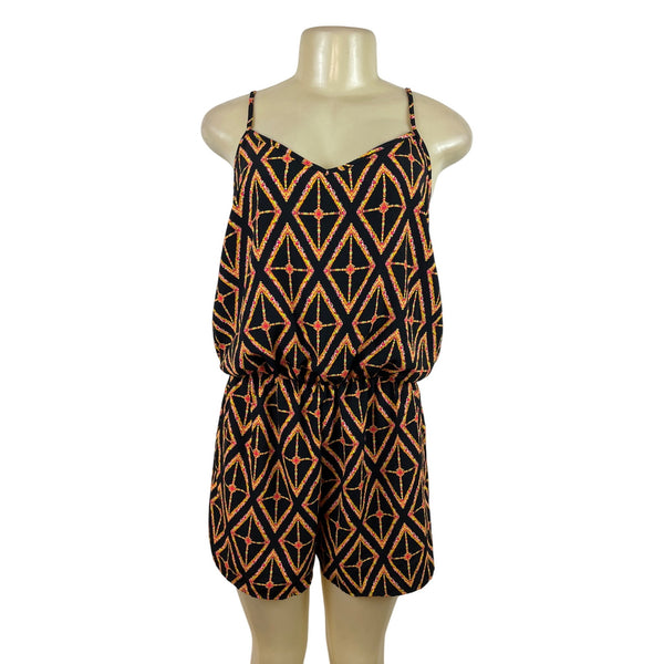 Orange Creek Women's Black Sleeveless Romper With Orange Geometric Print