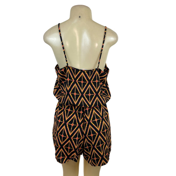 Orange Creek Women's Black Sleeveless Romper With Orange Geometric Print