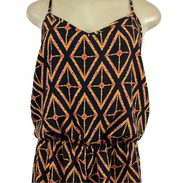 Orange Creek Women's Black Sleeveless Romper With Orange Geometric Print