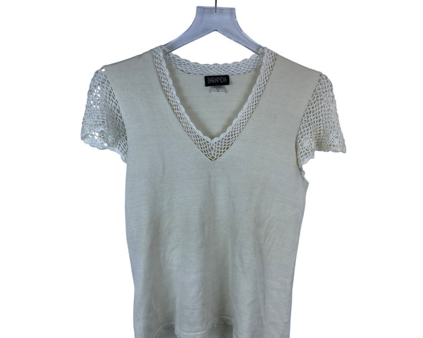 Baranda Womens Beige Knit Top Lace Trim Short Sleeve Size S