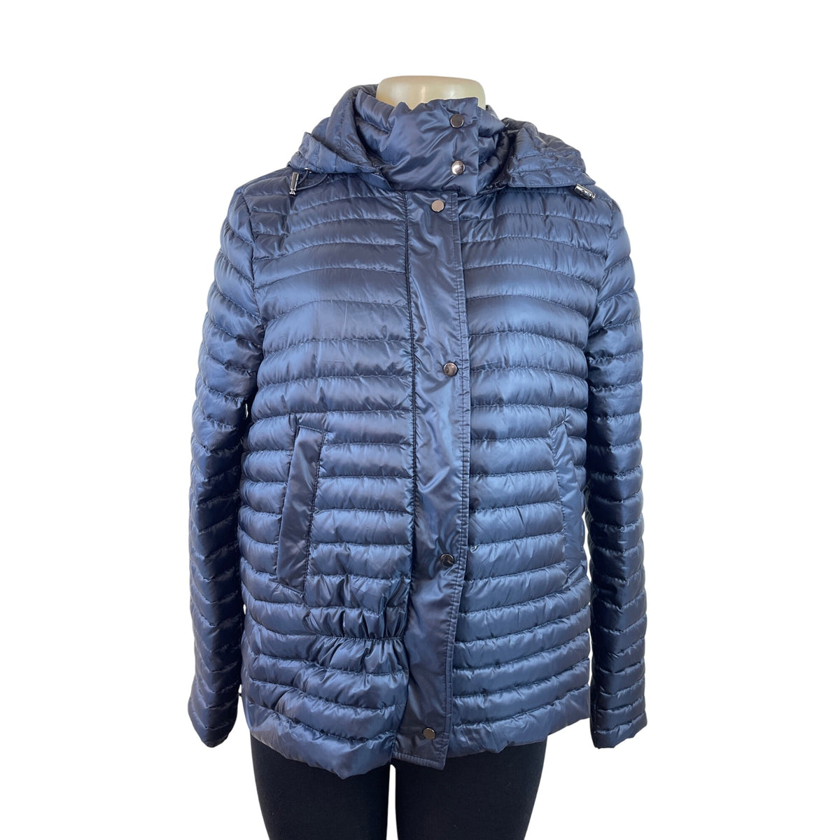 Zara Womens Hooded Puffer Jacket Navy Reversible Lightweight Full-Zip Sz L
