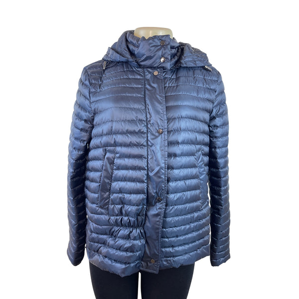 Zara Womens Hooded Puffer Jacket Navy Reversible Lightweight Full-Zip Sz L