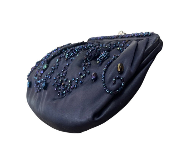 Magid Hand-Beaded Black Satin Clutch Purse With Rhinestones & Snap Closure Sz S
