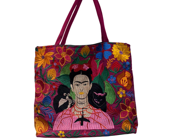 Frida Kahlo Embroidered Womens Multicolor Canvas Tote Bag Large Floral Design