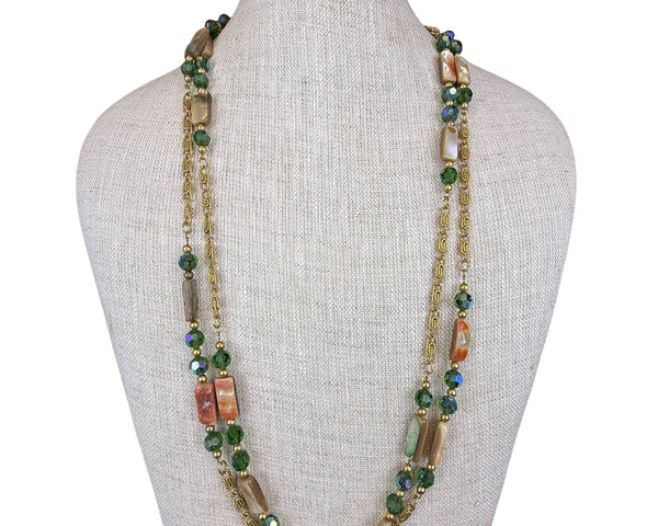 Napier Womens Gold Tone Green Beaded Long Necklace Multi-Strand 30-Inch Handmade