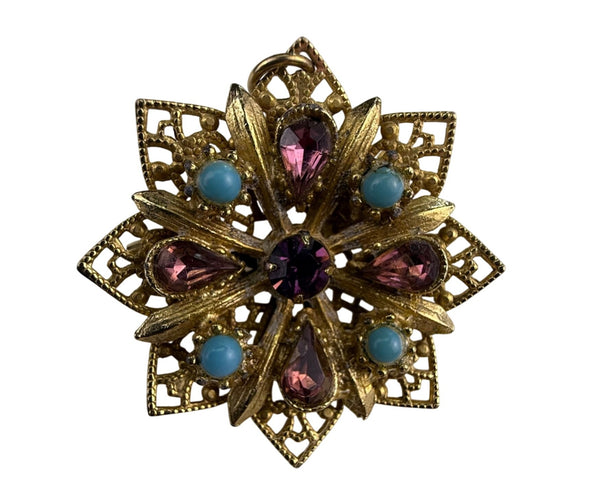 Vintage Gold-Tone Starburst Brooch With Purple & Blue Stones Filigree Design