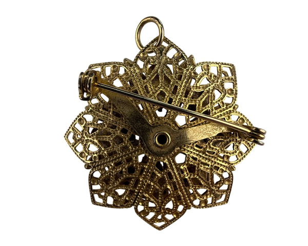 Vintage Gold-Tone Starburst Brooch With Purple & Blue Stones Filigree Design