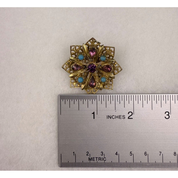 Vintage Gold-Tone Starburst Brooch With Purple & Blue Stones Filigree Design