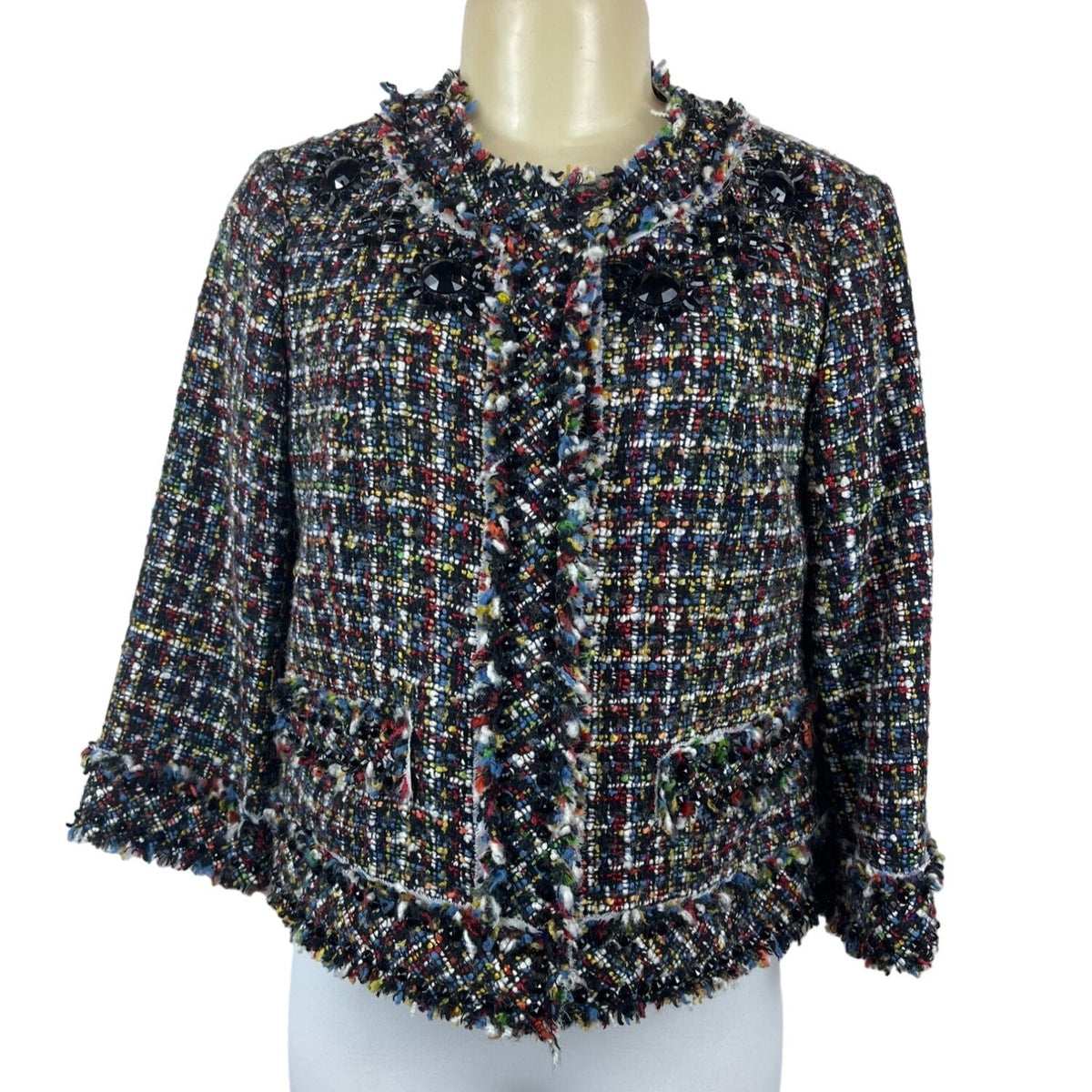 Magaschoni Women's Black Wooven Multicolor Threads Button Up Sweater Sz 6