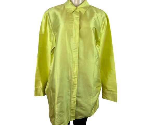 Chico’s Oversized Neon Yellow Button-Up Long Shirt Blouse For Women Size 8