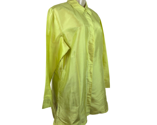 Chico’s Oversized Neon Yellow Button-Up Long Shirt Blouse For Women Size 8