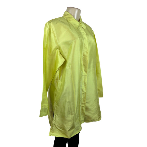 Chico’s Oversized Neon Yellow Button-Up Long Shirt Blouse For Women Size 8