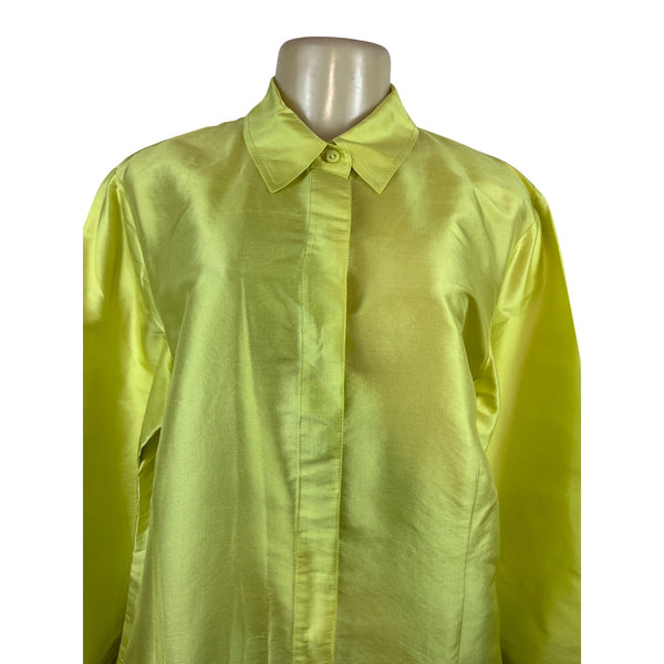 Chico’s Oversized Neon Yellow Button-Up Long Shirt Blouse For Women Size 8