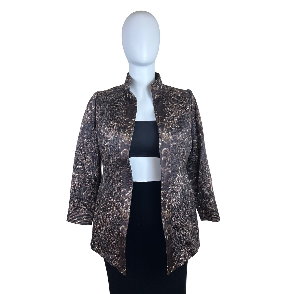 Linda Allard Ellen Tracy Brown & Gold Floral Print Open Front Jacket Size 16