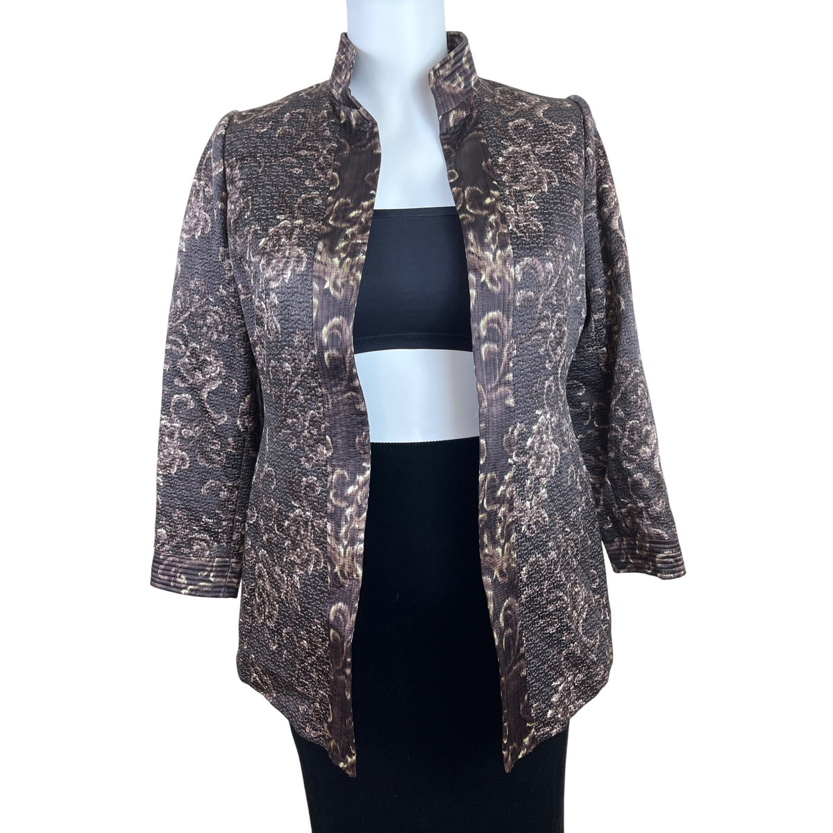 Linda Allard Ellen Tracy Brown & Gold Floral Print Open Front Jacket Size 16