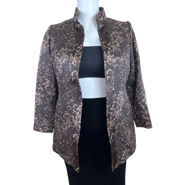 Linda Allard Ellen Tracy Brown & Gold Floral Print Open Front Jacket Size 16