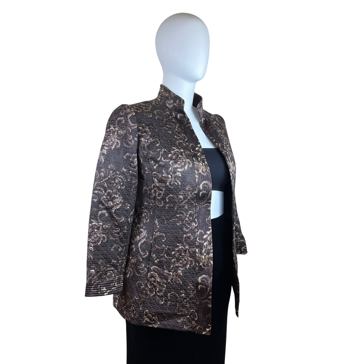 Linda Allard Ellen Tracy Brown & Gold Floral Print Open Front Jacket Size 16