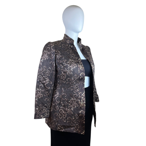 Linda Allard Ellen Tracy Brown & Gold Floral Print Open Front Jacket Size 16