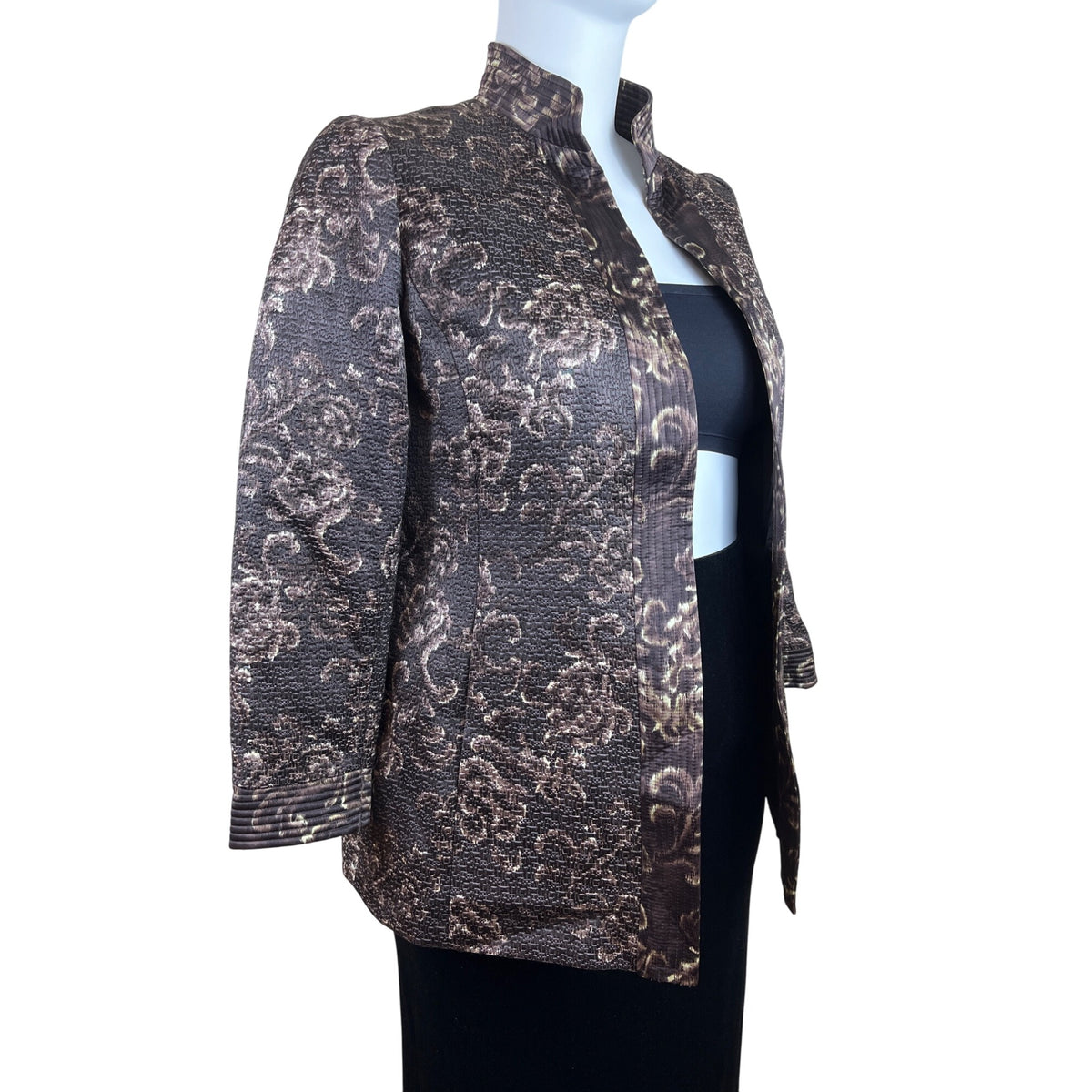 Linda Allard Ellen Tracy Brown & Gold Floral Print Open Front Jacket Size 16