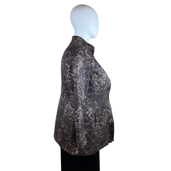 Linda Allard Ellen Tracy Brown & Gold Floral Print Open Front Jacket Size 16