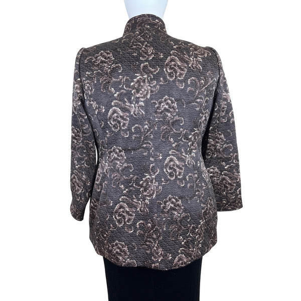 Linda Allard Ellen Tracy Brown & Gold Floral Print Open Front Jacket Size 16
