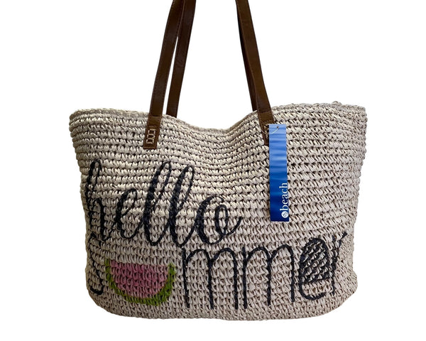 Beach Hello Summer Brown Faux Leather Straps & Watermelon Design Straw Tote Bag