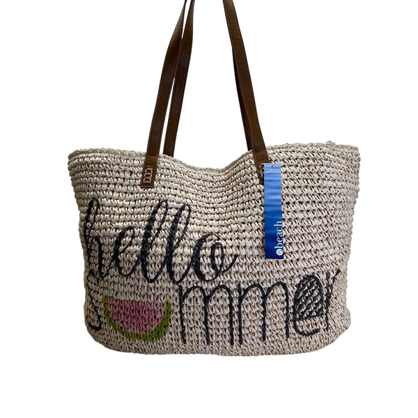 Beach Hello Summer Brown Faux Leather Straps & Watermelon Design Straw Tote Bag